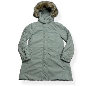 Levi's Parka Jacket Womens Small Green Faux Fur Hooded Paisley Lined Quilted Y2K